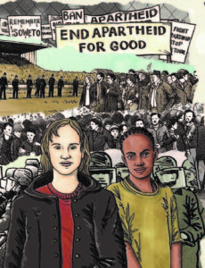 Illustration of two girls, one black, one white in front of a protest. Signs in the backgound say end apartheid for good.